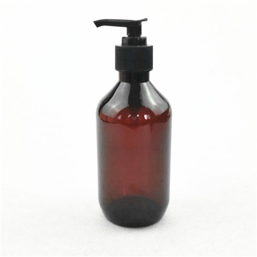 High quality 300ml PET Amber Plastic Shampoo Bottles with Black lotion Pump Person care bottle
