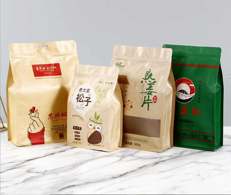 High quality customizable snack bag Sealed nut bags Food bag 8 Side tea bag Kraft coffee bean paper bag
